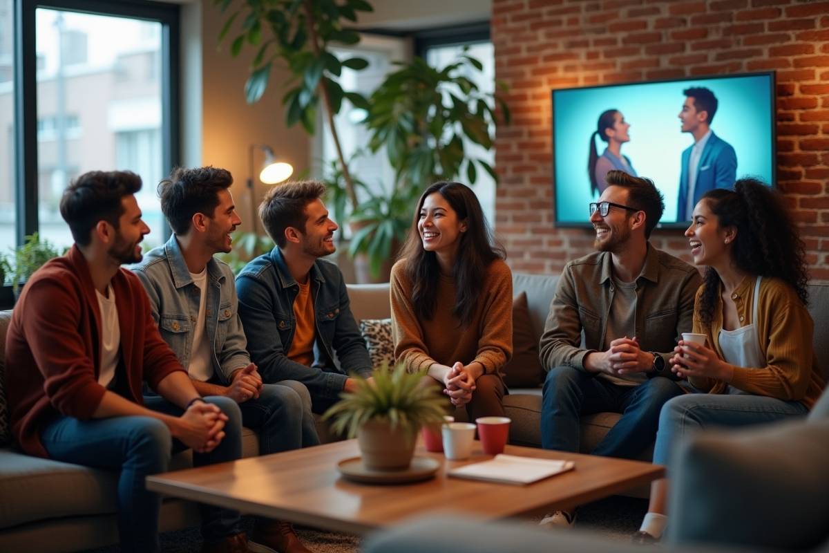 Groupe de jeunes adultes réagissant devant une télévision urbaine