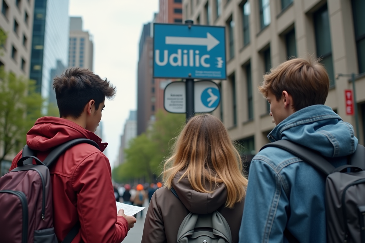 Jeunes adultes divers lisant un panneau bilingue à Montréal