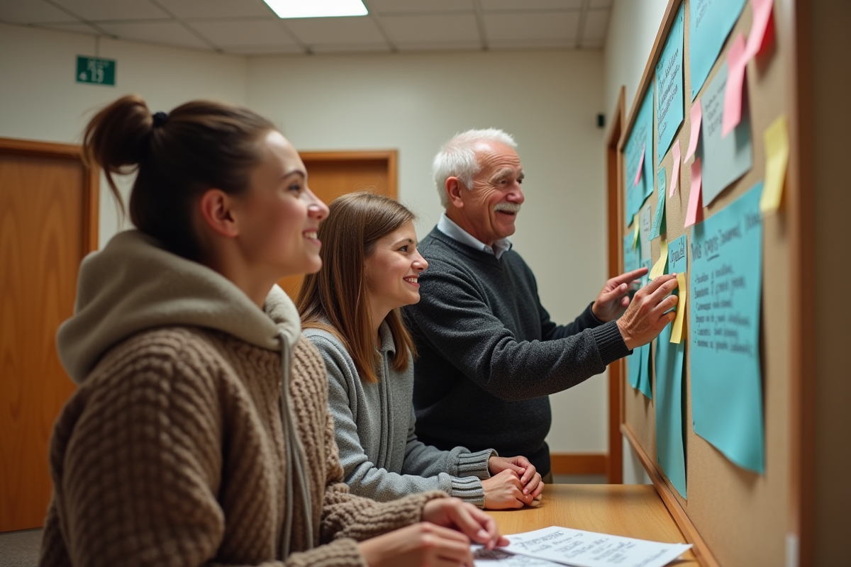 Jeunes et personne âgée collant des notes sur un tableau d