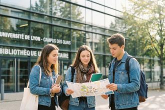 Groupe de jeunes étudiants devant une universite a Lyon