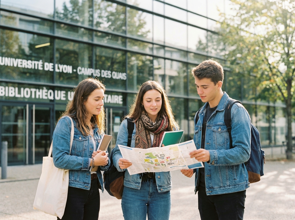 Groupe de jeunes étudiants devant une universite a Lyon