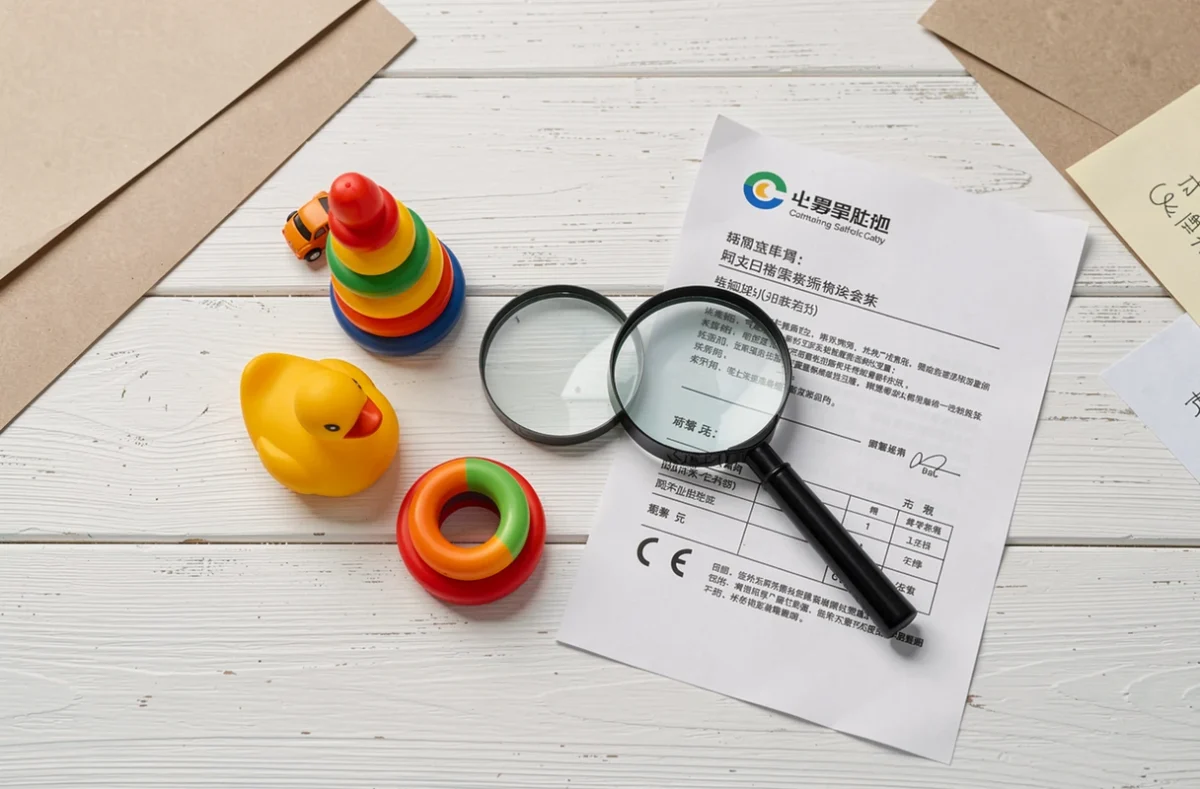 Vue à plat de jouets colorés importés de Chine avec un document de certification CE et une loupe sur fond blanc