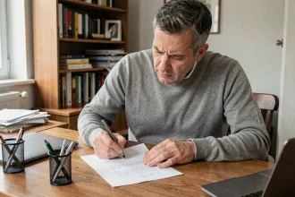 Homme rédigeant une lettre de dénonciation anonyme à son bureau à domicile