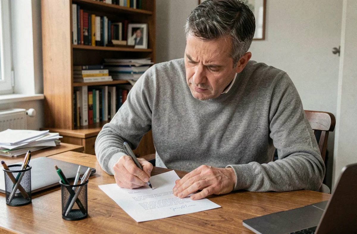 Homme rédigeant une lettre de dénonciation anonyme à son bureau à domicile
