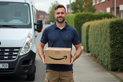 Livreur Amazon indépendant debout devant son véhicule de livraison blanc tenant un colis dans une rue résidentielle