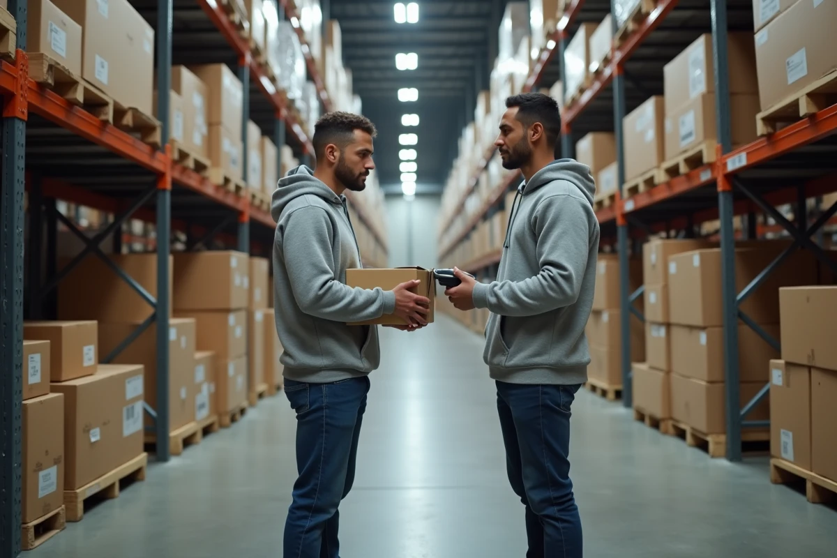 Livreur indépendant scannant des colis dans un entrepôt logistique Amazon avec des étagères remplies de paquets