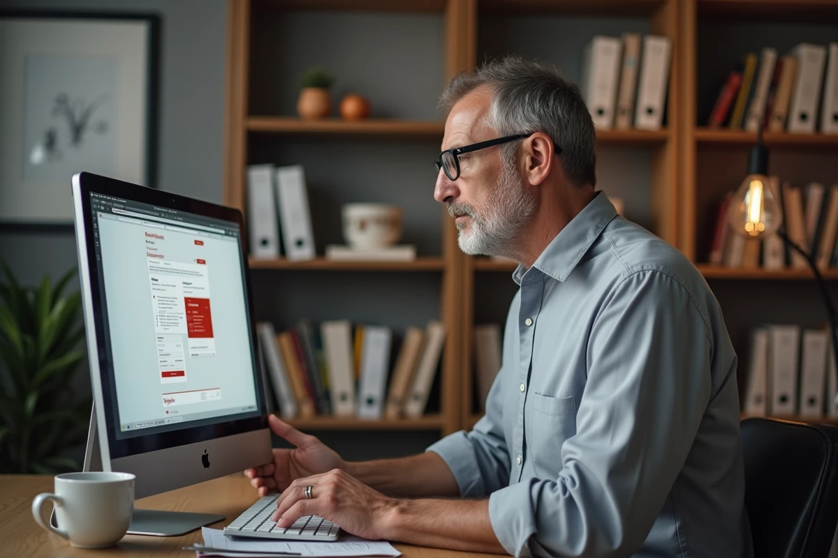 Homme utilisant le service Ma Box RH La Poste depuis son bureau à domicile avec un ordinateur de bureau