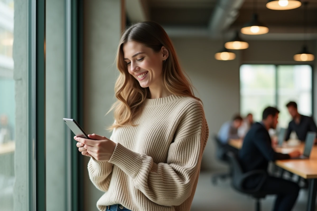 Jeune femme réussissant la connexion à Ma Box RH La Poste sur smartphone dans un espace de coworking