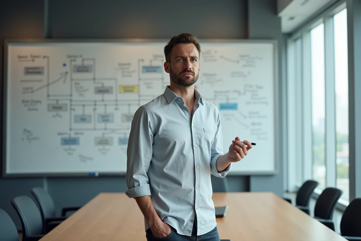 Manager masculin analysant un organigramme au tableau blanc dans une salle de réunion d'entreprise, symbole du développement professionnel et de la loi de Peters