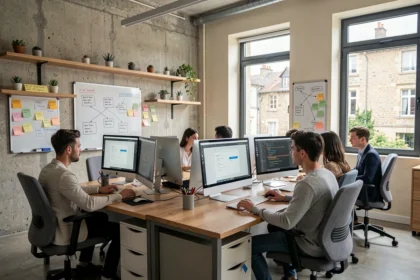 Bureau d'une agence web moderne dans l'Yonne avec des professionnels travaillant sur des projets digitaux