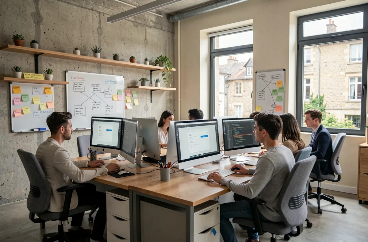 Bureau d'une agence web moderne dans l'Yonne avec des professionnels travaillant sur des projets digitaux