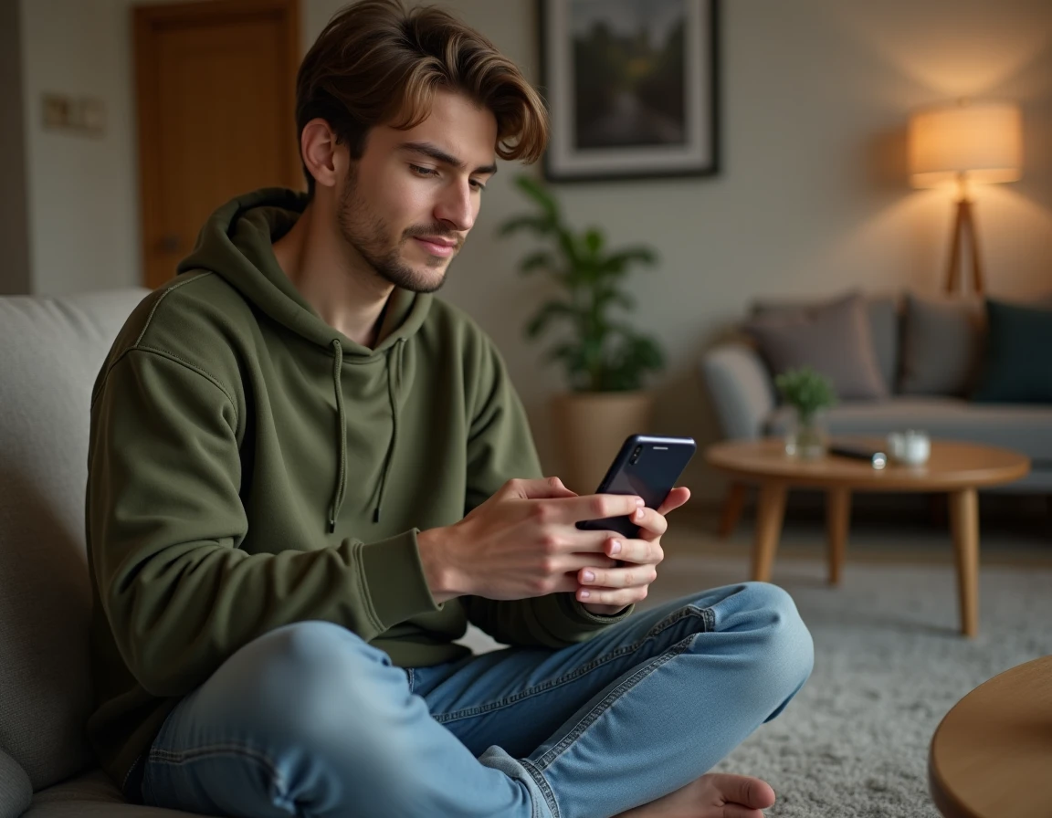 Jeune adulte réinitialisant son mot de passe Bimédia depuis un smartphone sur un canapé à la maison