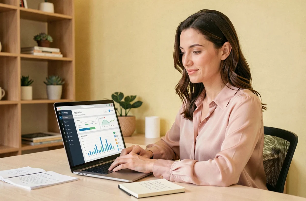 Consultante Neocamino supervisant une stratégie de marketing de contenu sur tableau de bord digital