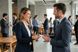 Commerciale échangeant des cartes de visite lors d'un événement de networking B2B professionnel en espace de coworking moderne