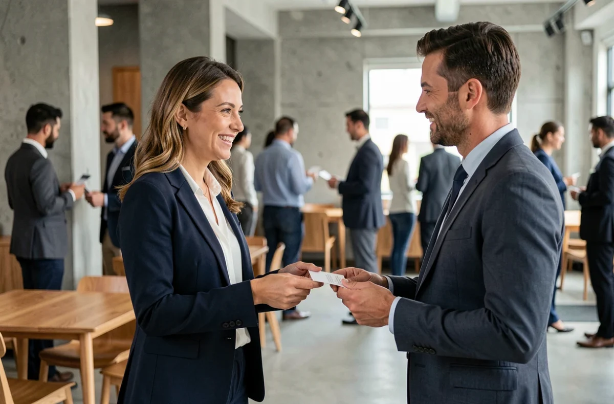 Commerciale échangeant des cartes de visite lors d'un événement de networking B2B professionnel en espace de coworking moderne