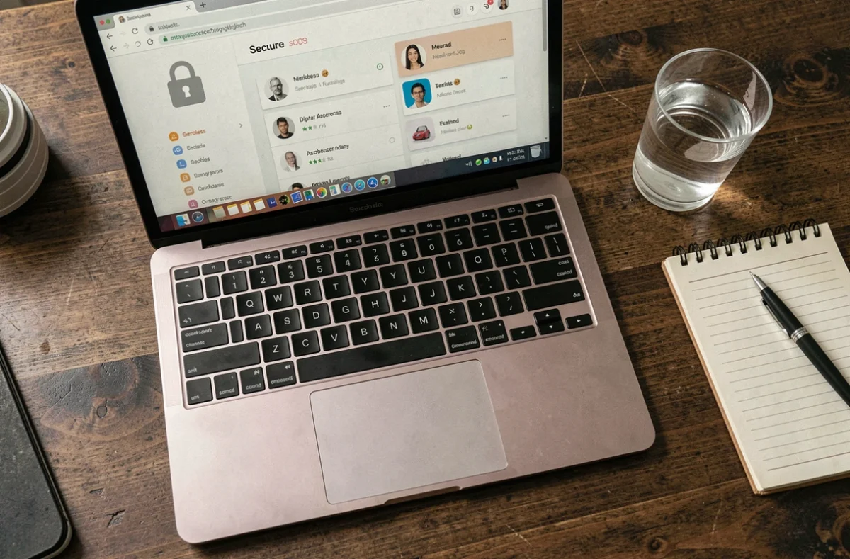 Vue aérienne d'un ordinateur portable avec un navigateur sécurisé ouvert sur un bureau en chêne pour illustrer la sécurité des démarches en ligne