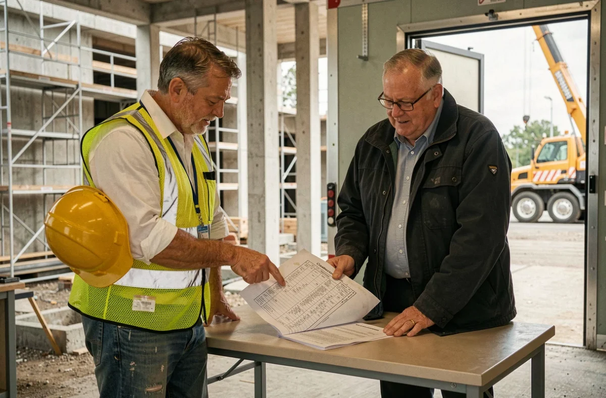 Ouvrier BTP et délégué syndical consultant une grille de classification n4p2 sur un chantier de construction