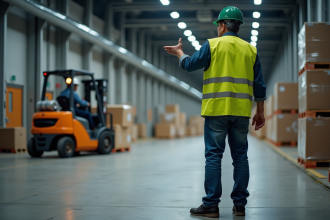 Ouvrier d'entrepot en gilet de sécurité en alerte