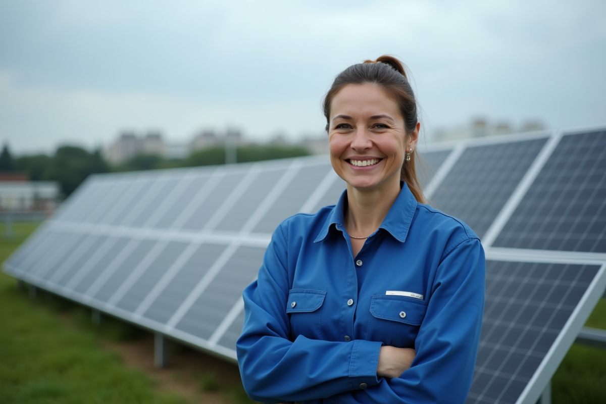 Femme usineuse fiere devant panneaux solaires et équipements verts