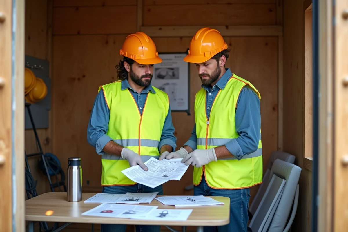 Deux ouvriers BTP comparant des devis de location Loxam avec réductions CE dans un bureau de chantier temporaire