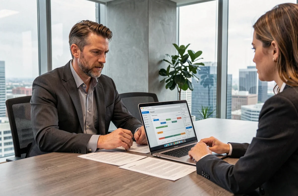 Commercial analysant un pipeline de prospects qualifiés sur un CRM lors d'une réunion B2B en salle de conférence vitrée