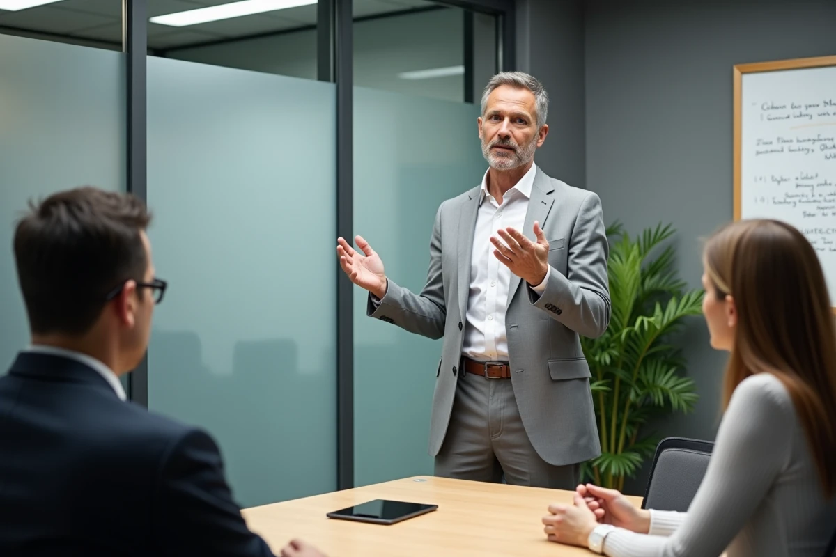 Homme d'affaires présentant un pitch B2B à un petit groupe de professionnels dans une salle de réunion moderne avec cloisons vitrées