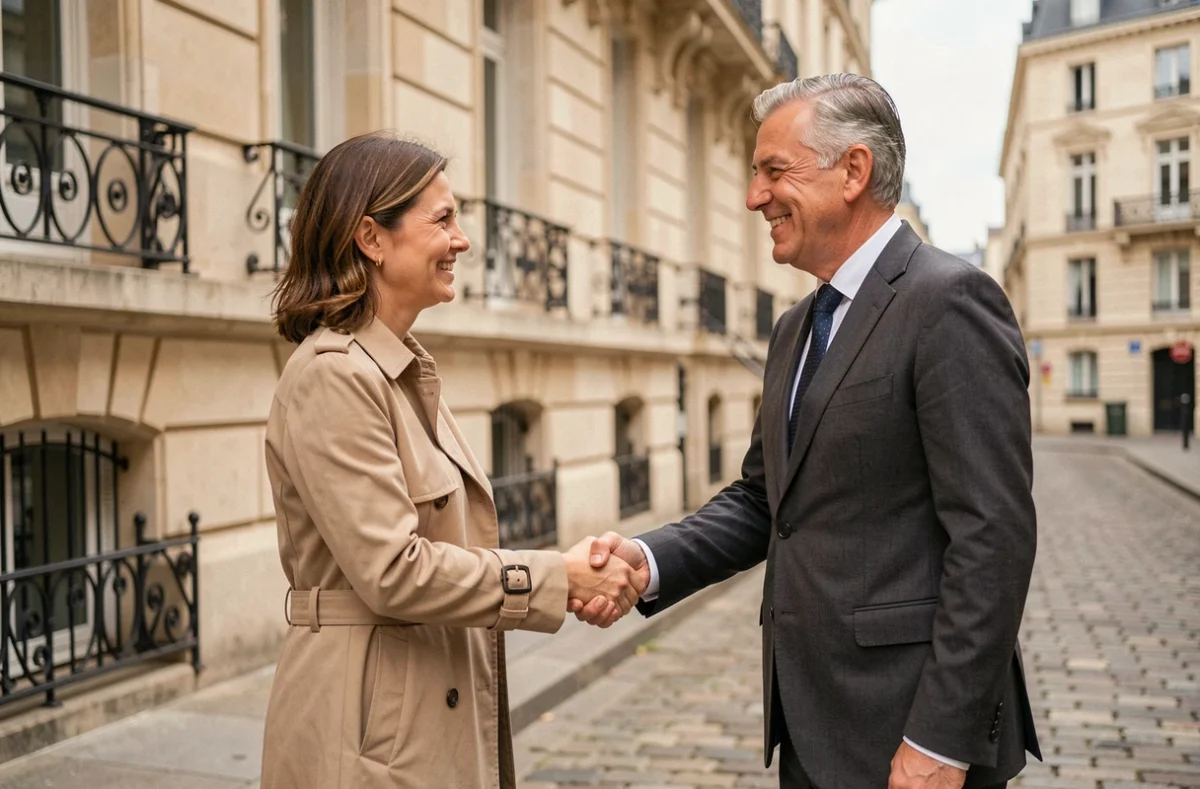 Poignée de main entre un consultant en portage salarial et un client devant un immeuble à Tours