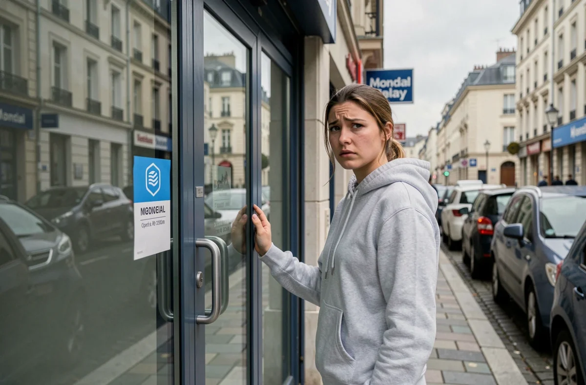 Jeune femme devant un point relais Mondial Relay fermé cherchant à récupérer un colis non livré
