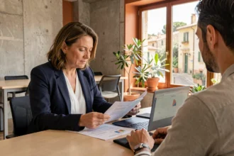 Consultante en portage salarial discutant d'un contrat avec une professionnelle dans un espace de coworking à Aubagne