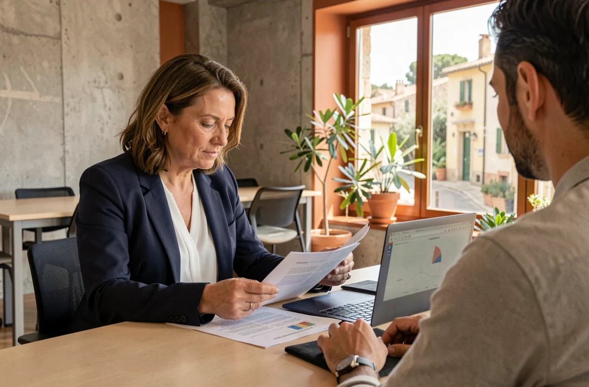 Consultante en portage salarial discutant d'un contrat avec une professionnelle dans un espace de coworking à Aubagne