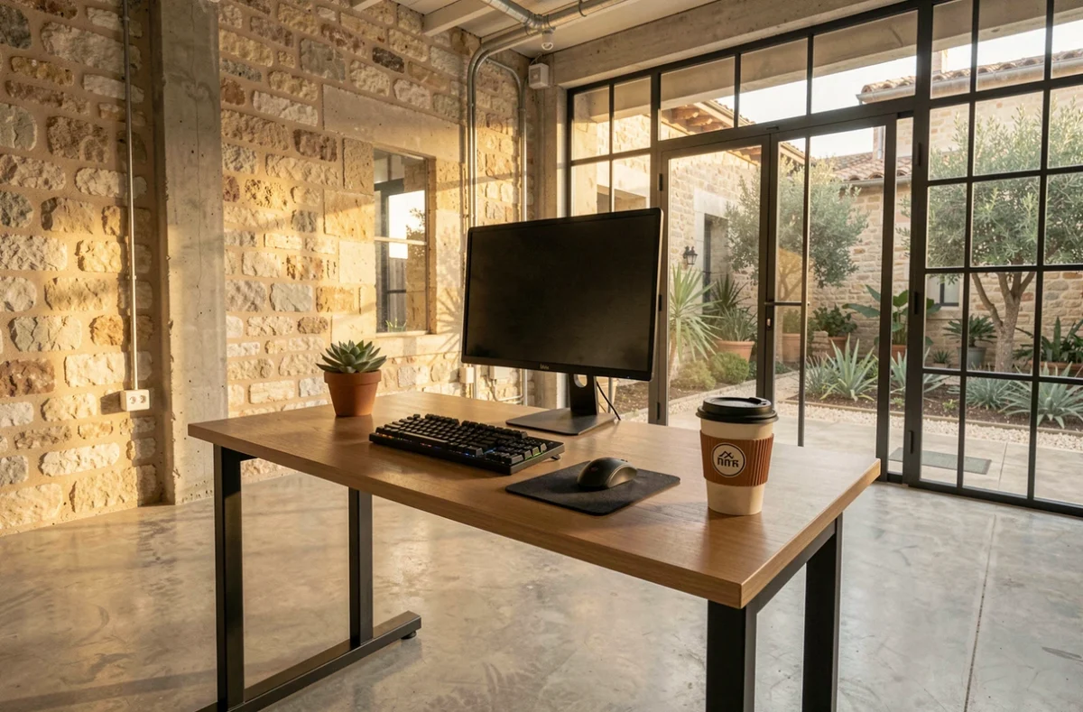 Poste de travail moderne et vide dans un espace de coworking lumineux à Castelnau-le-Lez avec vue sur cour méditerranéenne