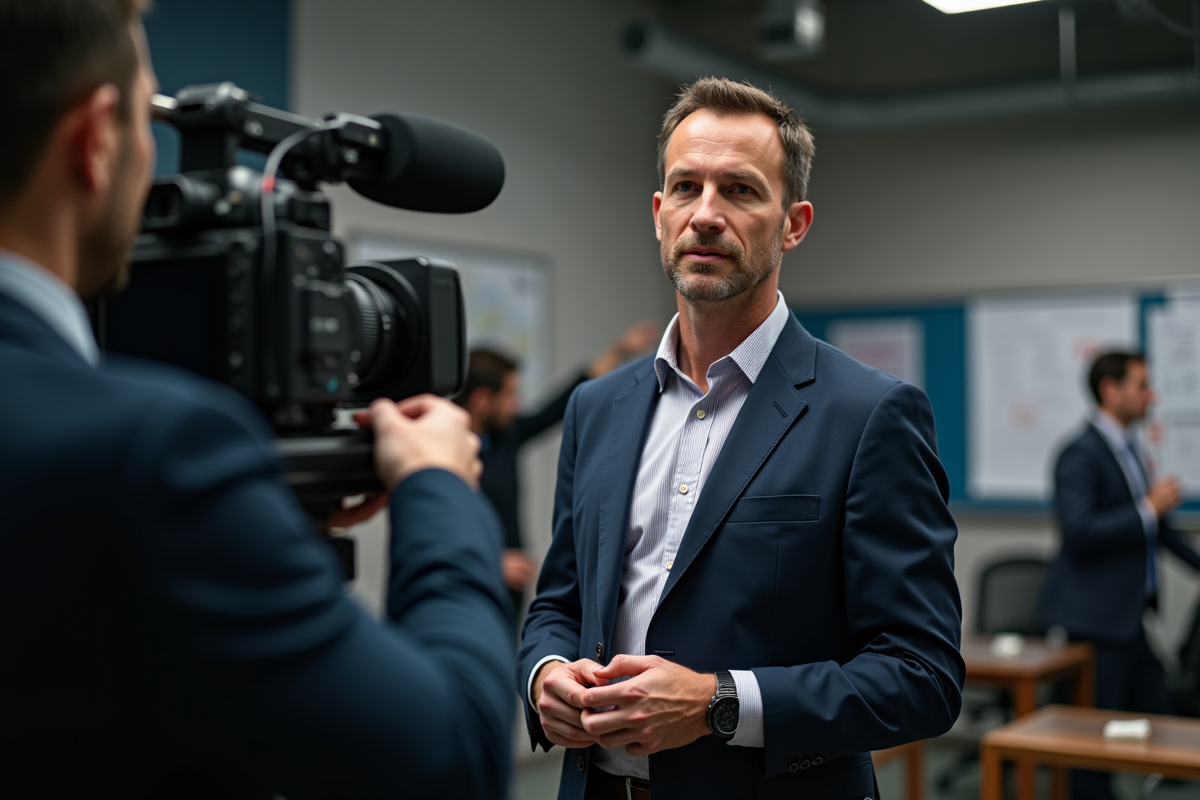 Homme en costume en répétition devant caméra en studio