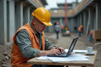 Professionnel du BTP consultant un devis en ligne sur chantier avec documents et ordinateur portable