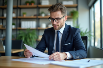 Professionnel en costume dans un bureau moderne lisant des documents