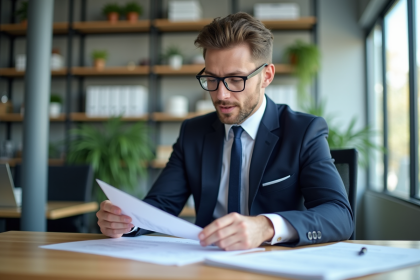 Professionnel en costume dans un bureau moderne lisant des documents