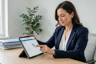 Professionnelle consultant un planning de rendez-vous sur tablette dans un bureau moderne bien organisé