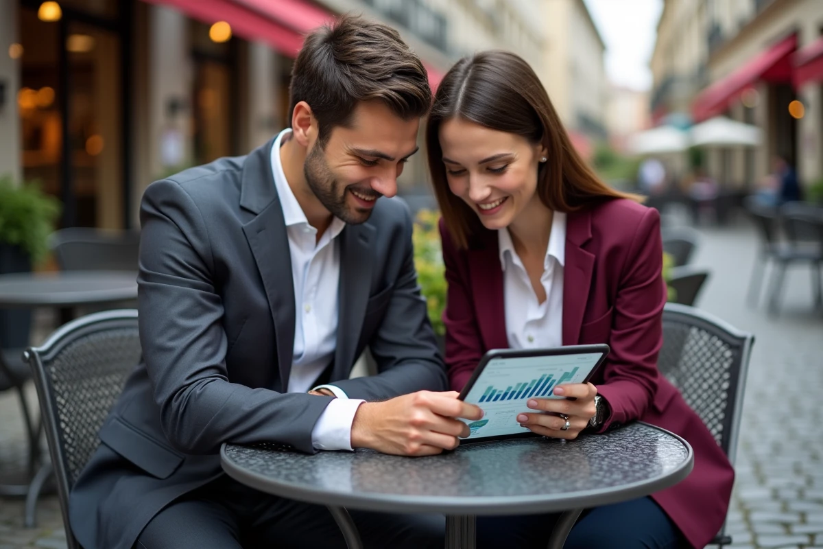 Deux professionnels collaborant autour de conseils business RobTheCoins sur une tablette en terrasse de café en ville