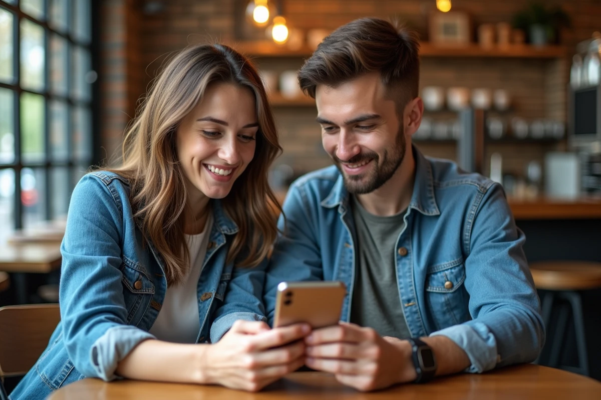 Deux jeunes professionnels consultant un message LinkedIn sur smartphone dans un café, discutant des pratiques de formatage en gras