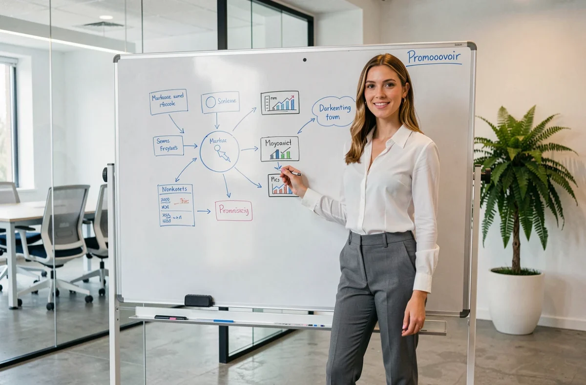 Consultante en marketing digital de l'agence Promoovoir présentant une stratégie sur tableau blanc
