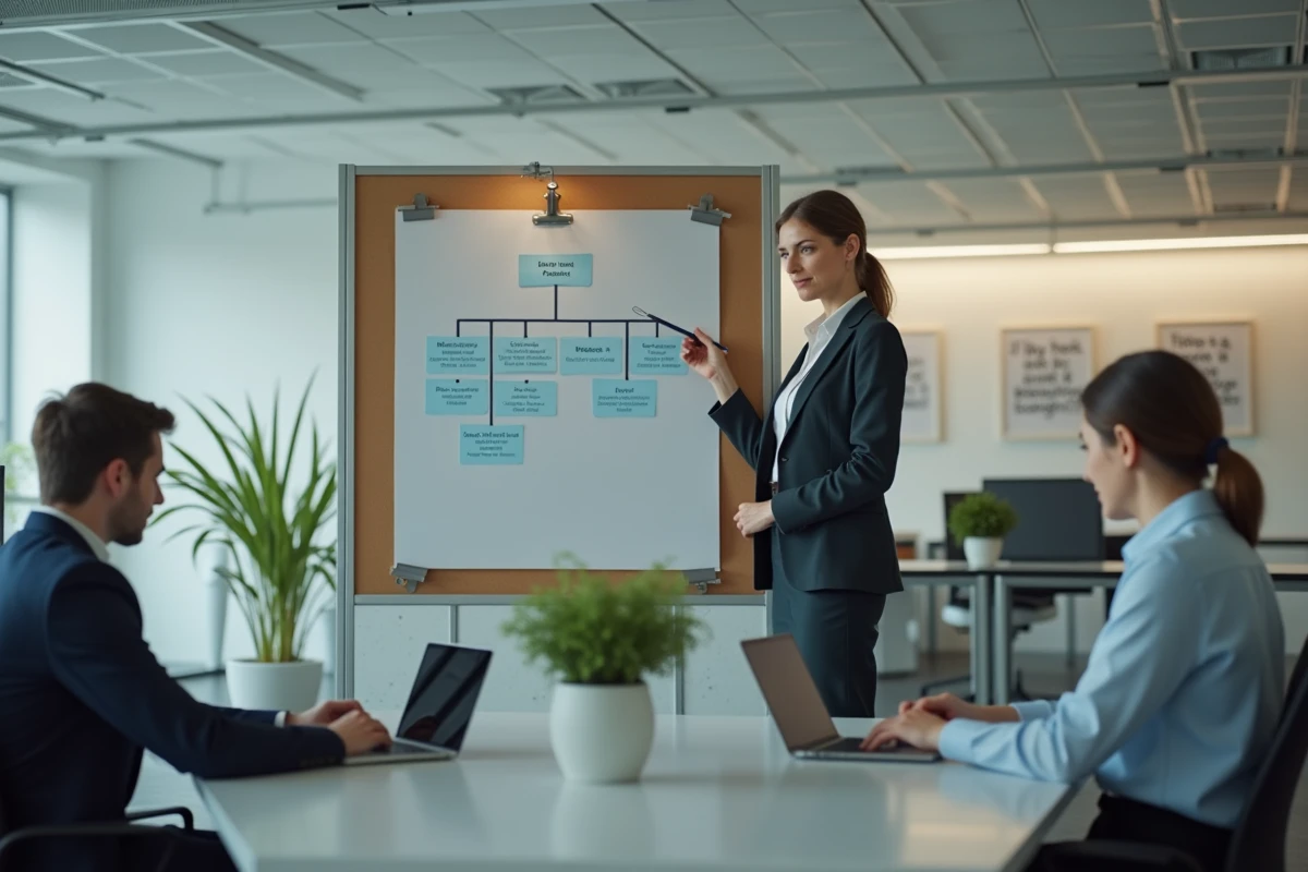 Gestionnaire en difficulté face à un organigramme complexe dans un bureau en open space, illustration de la promotion à l'incompétence