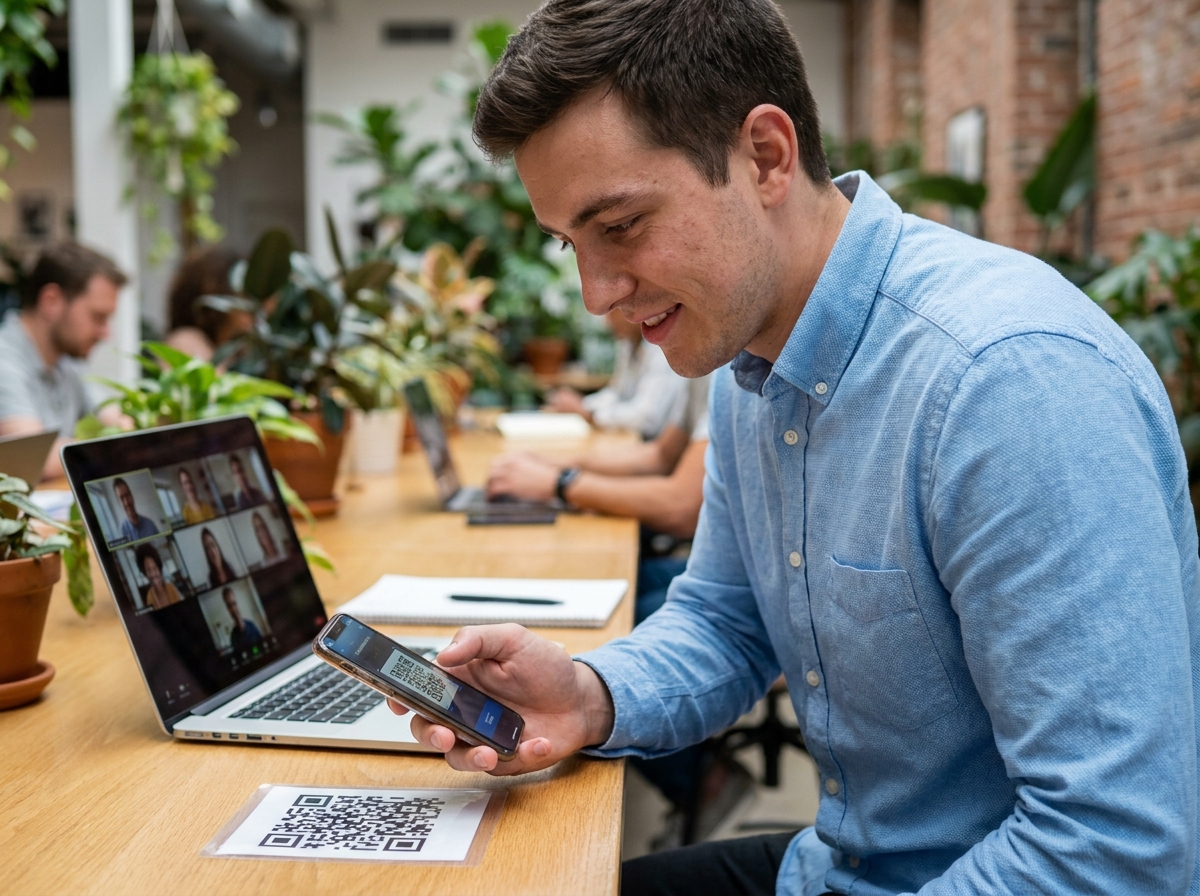 Jeune professionnel scannant un QR code avec son smartphone pour valider sa présence à une formation en ligne dans un espace de coworking