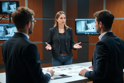 Réalisatrice femme en studio télévisé avec storyboard