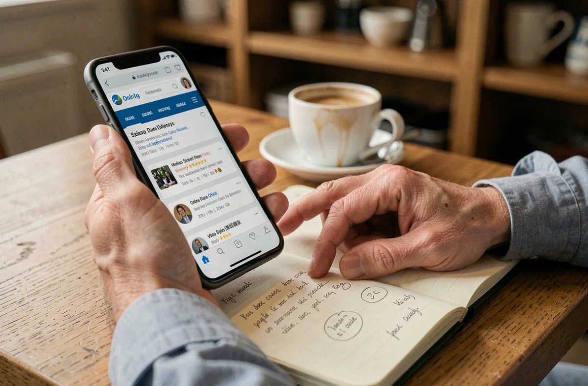 Gros plan de mains tenant un smartphone affichant des avis sur une société financière, avec des notes manuscrites sur la table d'un café