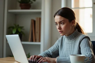 Femme en télétravail tentant de récupérer son mot de passe perdu sur son compte Bimédia depuis un ordinateur portable