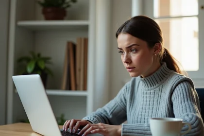Femme en télétravail tentant de récupérer son mot de passe perdu sur son compte Bimédia depuis un ordinateur portable