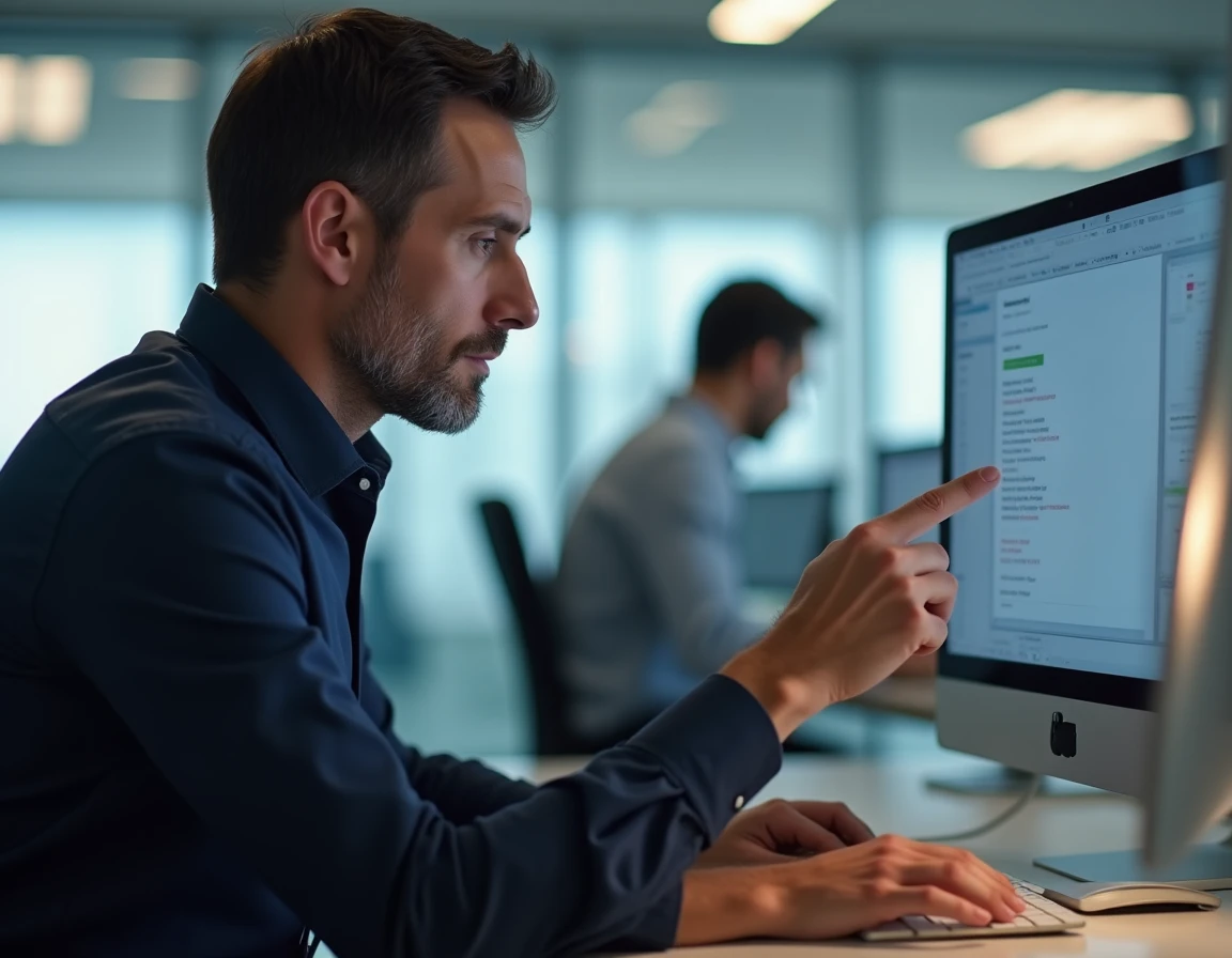 Homme en entreprise consultant un email de réinitialisation de mot de passe pour son compte Bimédia sur ordinateur de bureau