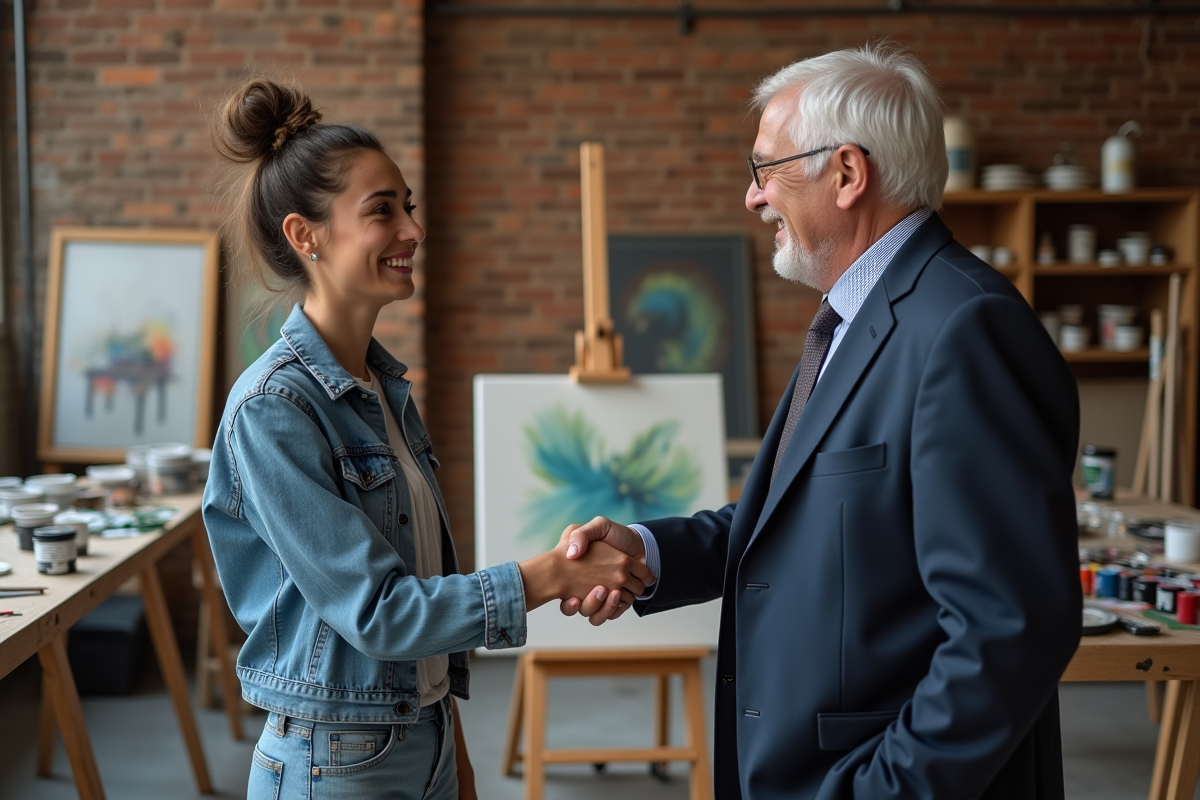 Artiste jeune et homme en costume se serrant la main dans un atelier créatif