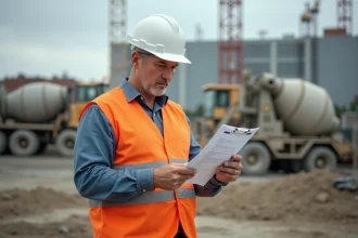 Responsable de chantier BTP consultant un contrat de location Loxam sur un chantier de construction actif