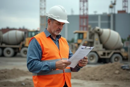 Responsable de chantier BTP consultant un contrat de location Loxam sur un chantier de construction actif