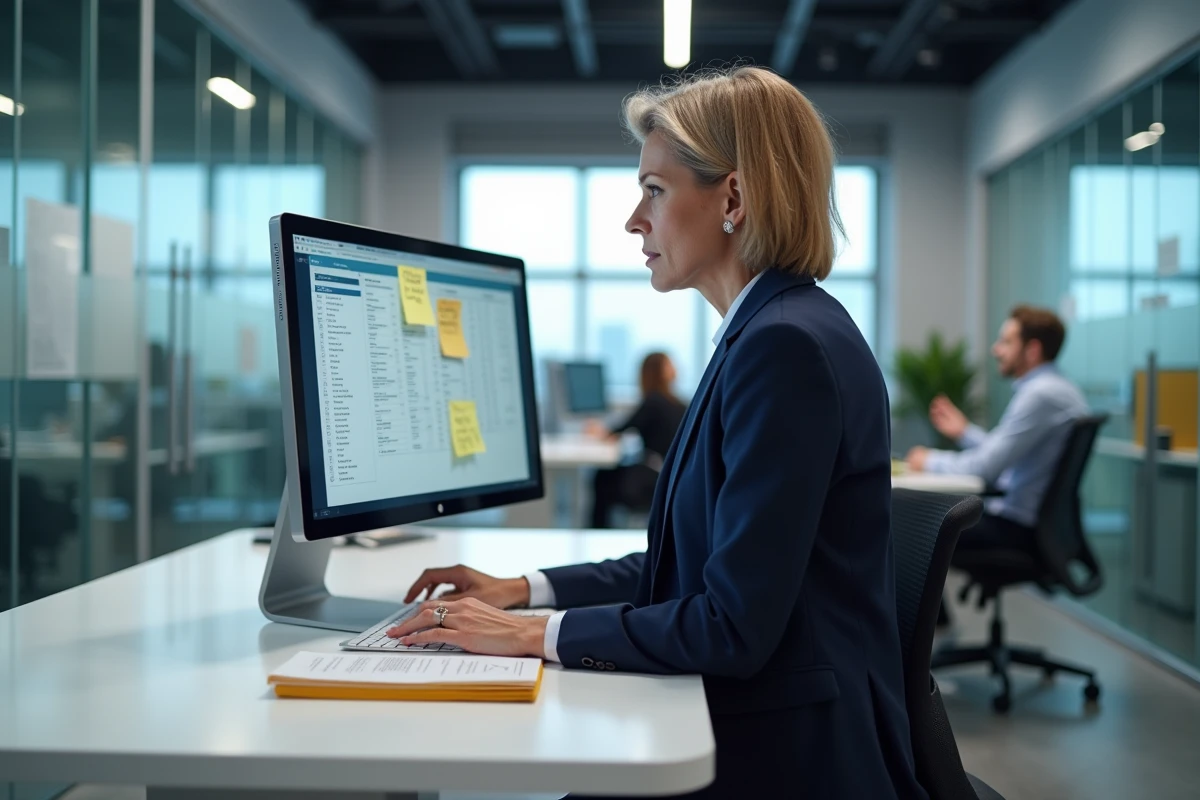 Responsable administrative comparant un annuaire classique et une plateforme numérique de devis dans un bureau de société de construction